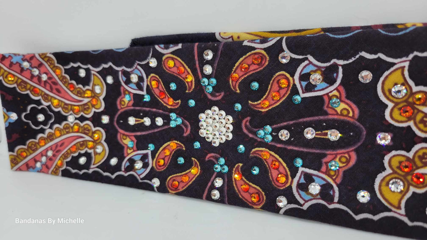 Narrow Octagon Center Coral Indian Bandana with Orange, Turquoise and Diamond Clear Austrian Crystals (Sku1412)