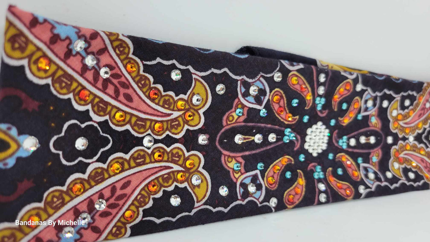 Narrow Octagon Center Coral Indian Bandana with Orange, Turquoise and Diamond Clear Austrian Crystals (Sku1412)