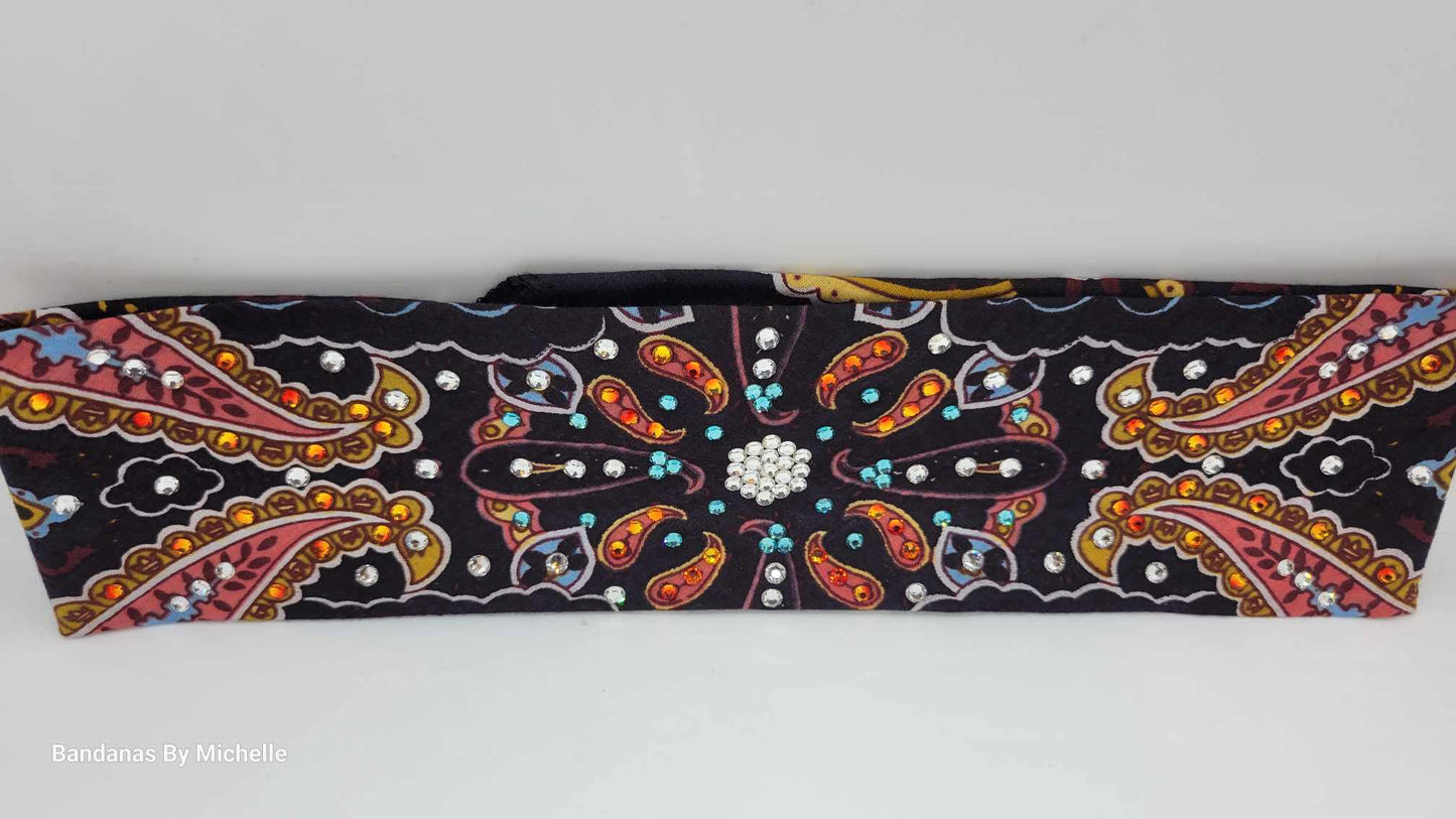 Narrow Octagon Center Coral Indian Bandana with Orange, Turquoise and Diamond Clear Austrian Crystals (Sku1412)