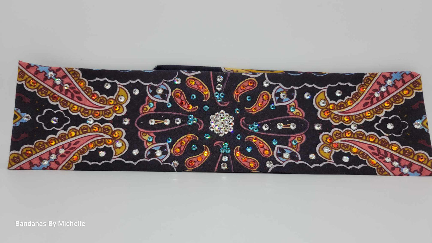 Narrow Octagon Center Coral Indian Bandana with Orange, Turquoise and Diamond Clear Austrian Crystals (Sku1412)