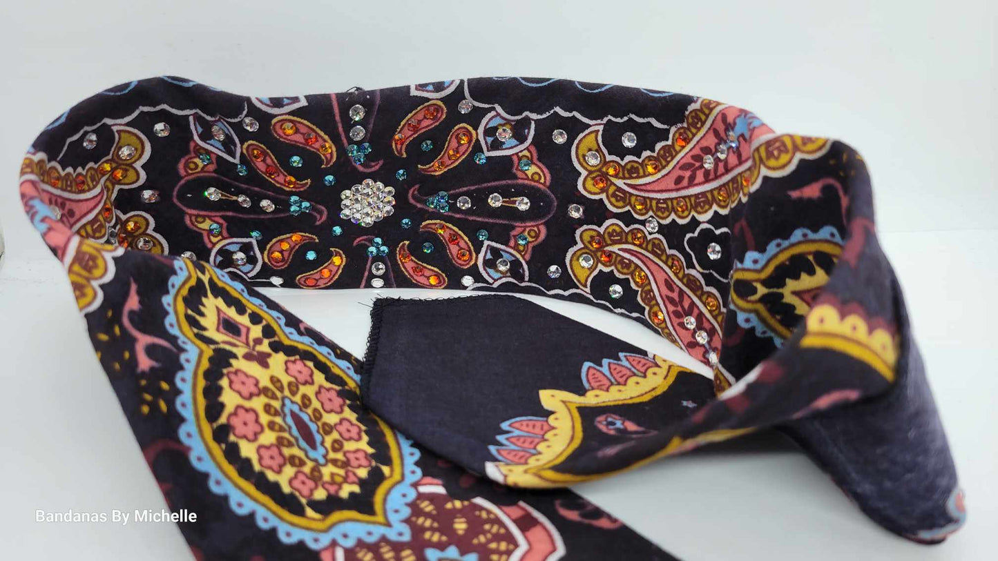 Narrow Octagon Center Coral Indian Bandana with Orange, Turquoise and Diamond Clear Austrian Crystals (Sku1412)