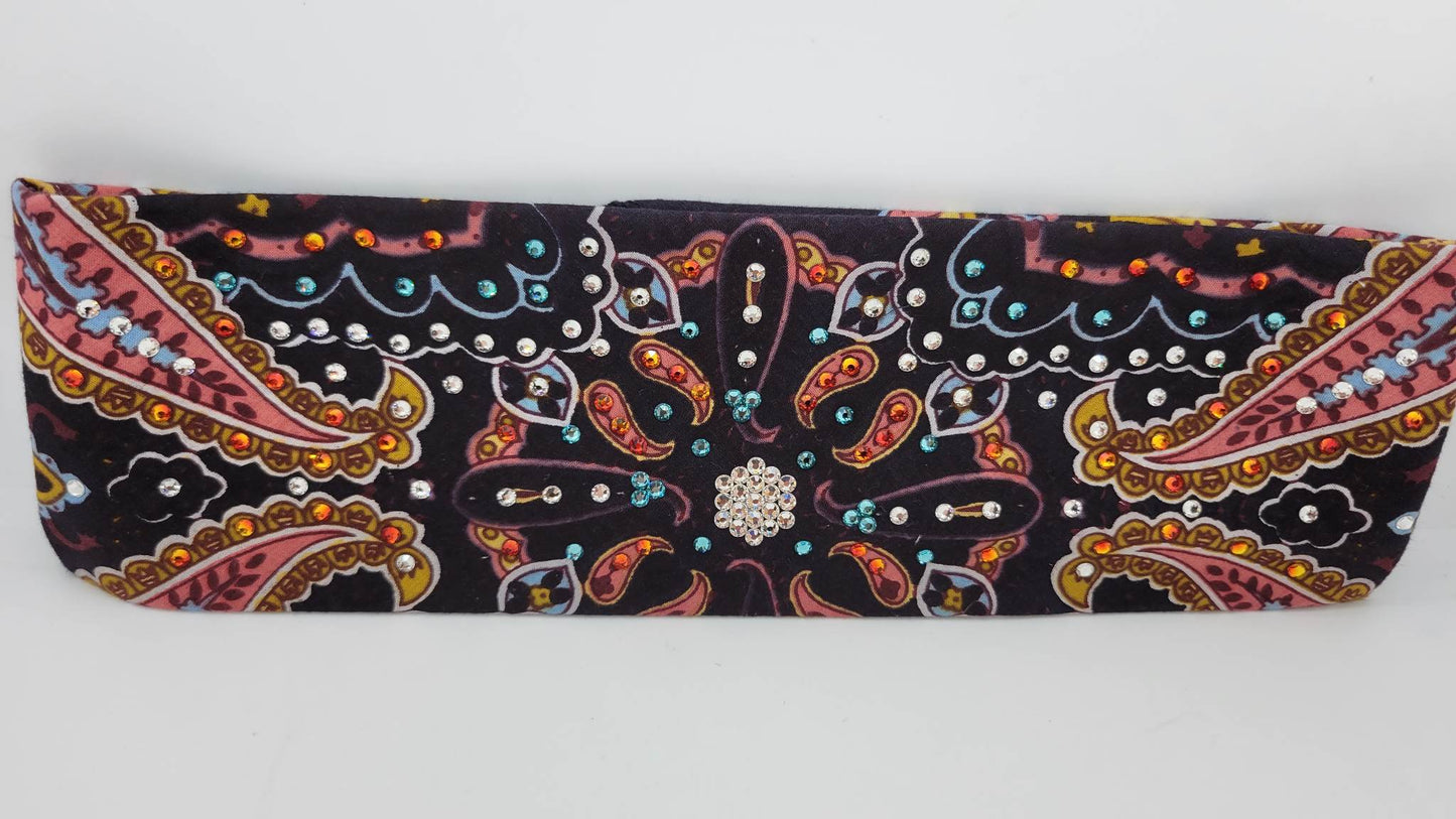 Black and Coral Indian Bandana with Turquoise, Orange and Diamond Clear Austrian Crystals (Sku1413)