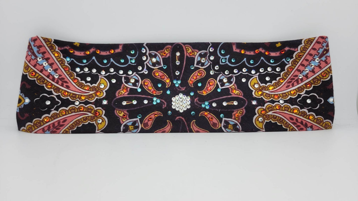 Black and Coral Indian Bandana with Turquoise, Orange and Diamond Clear Austrian Crystals (Sku1413)