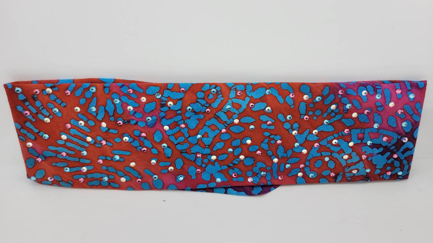 Blue and Pink Tie Dye Bandana with Pink, Aqua and Aurora Borealis Austrian Crystals (Sku1434)