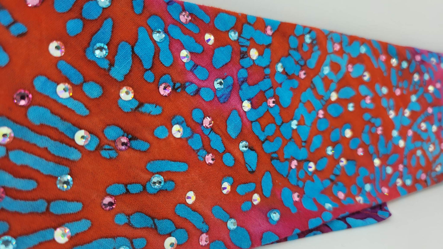 Blue and Pink Tie Dye Bandana with Pink, Aqua and Aurora Borealis Austrian Crystals (Sku1434)