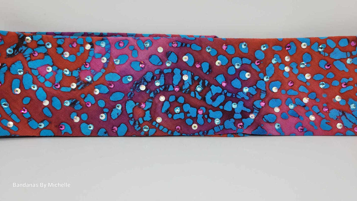 Narrow Blue and Pink Tie Dye Bandana with Pink, Aqua and Aurora Borealis Austrian Crystals (Sku1435)