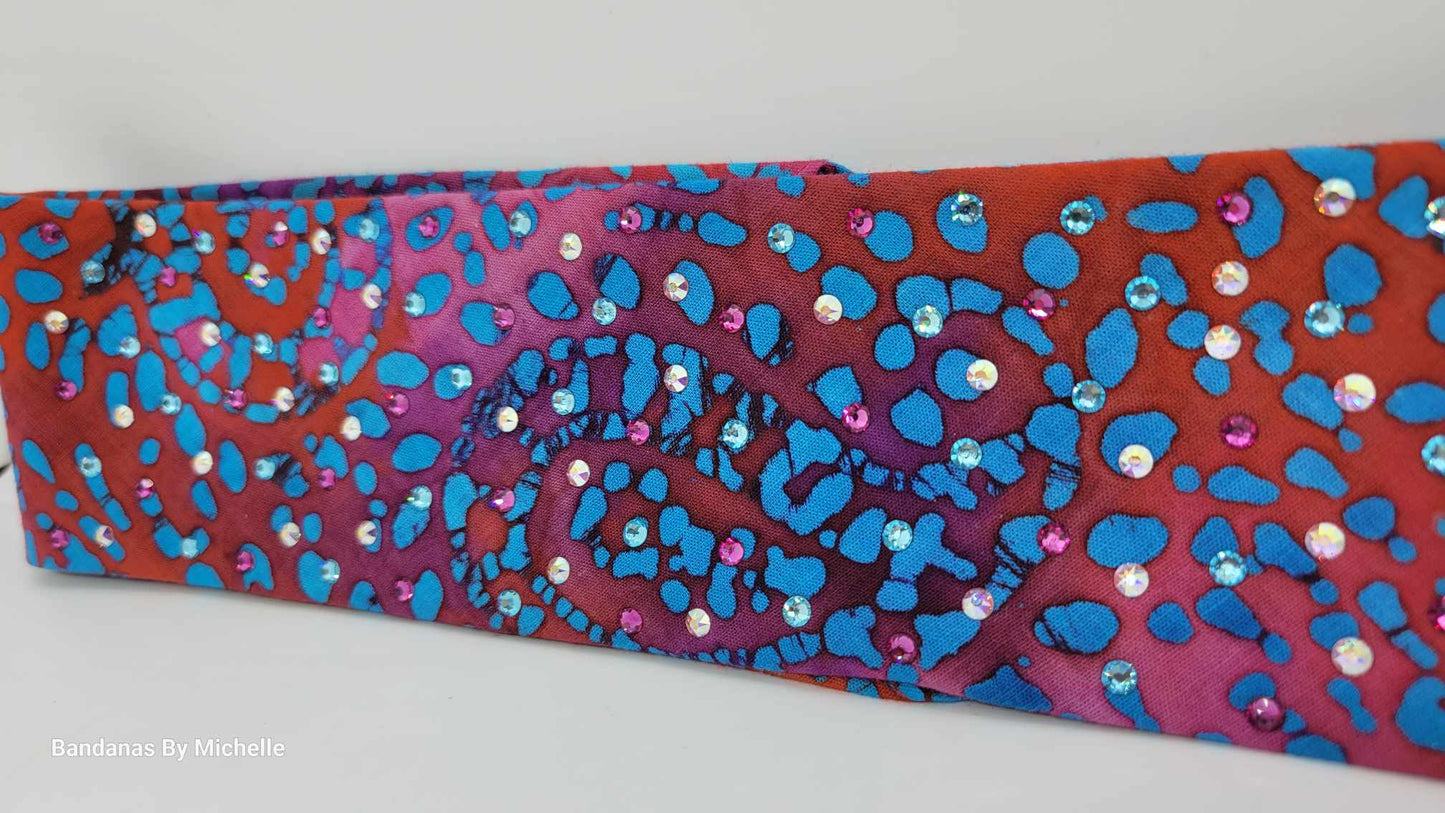 Narrow Blue and Pink Tie Dye Bandana with Pink, Aqua and Aurora Borealis Austrian Crystals (Sku1435)