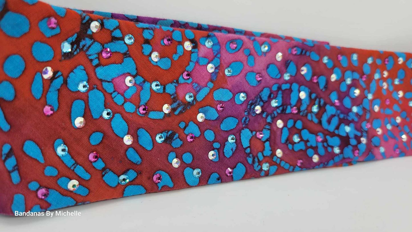 Narrow Blue and Pink Tie Dye Bandana with Pink, Aqua and Aurora Borealis Austrian Crystals (Sku1435)