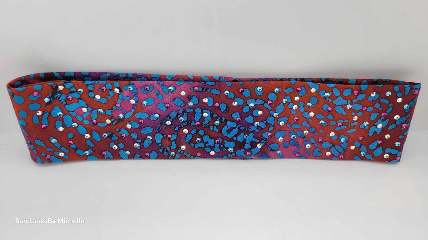 Narrow Blue and Pink Tie Dye Bandana with Pink, Aqua and Aurora Borealis Austrian Crystals (Sku1435)