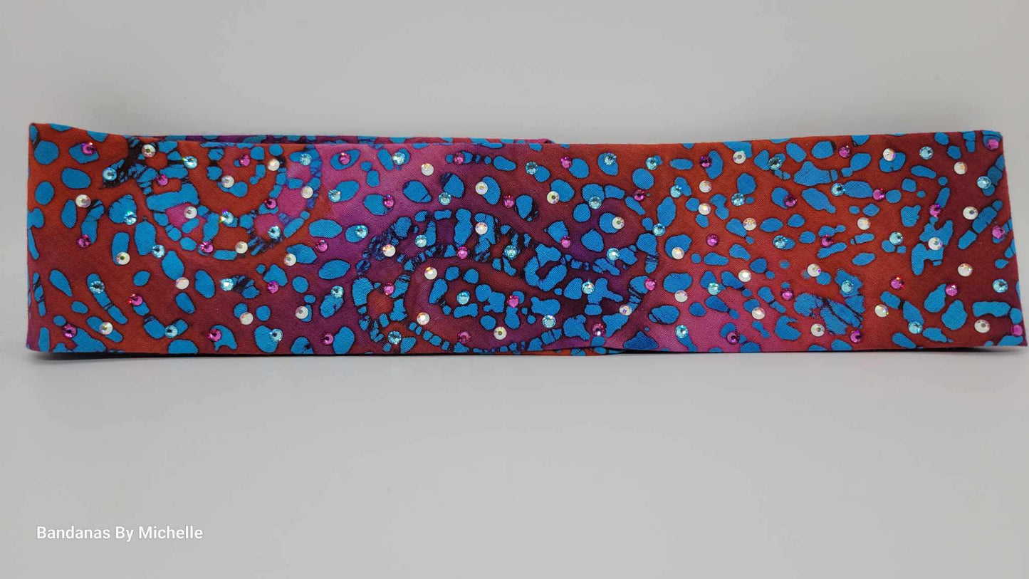 Narrow Blue and Pink Tie Dye Bandana with Pink, Aqua and Aurora Borealis Austrian Crystals (Sku1435)