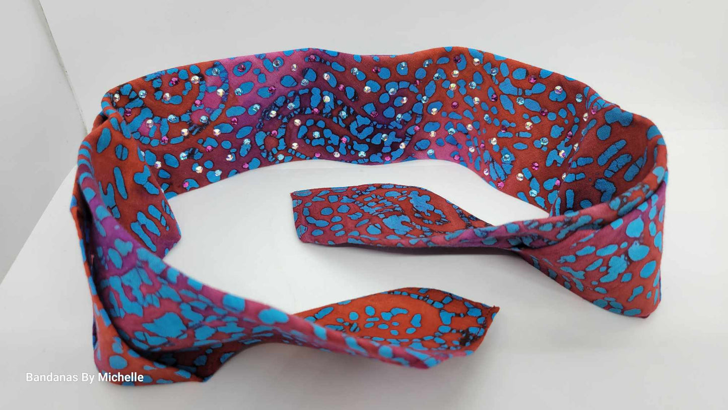 Narrow Blue and Pink Tie Dye Bandana with Pink, Aqua and Aurora Borealis Austrian Crystals (Sku1435)
