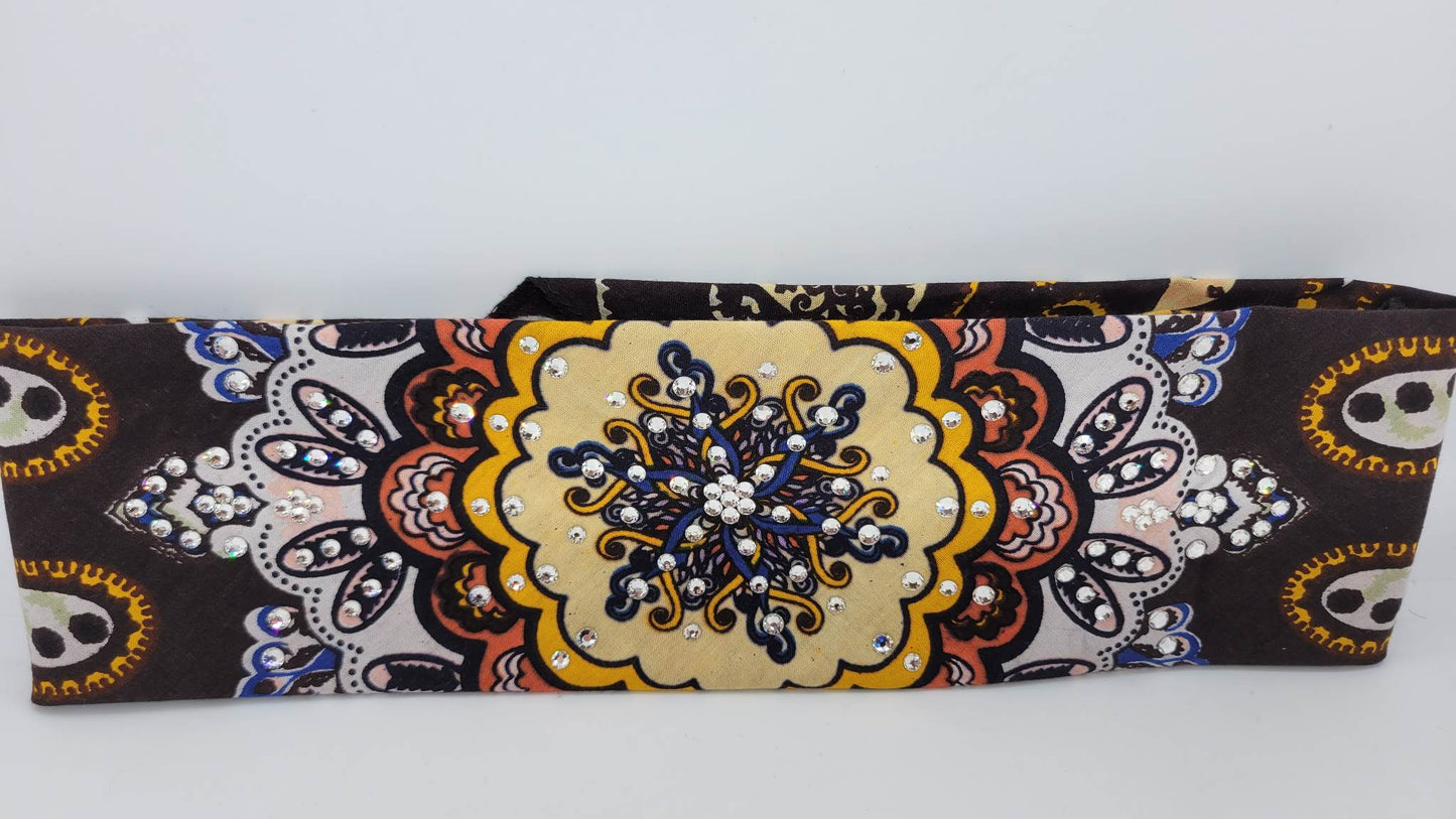 Brown and Orange Indian Bandana with Diamond Clear Austrian Crystals (Sku1436)
