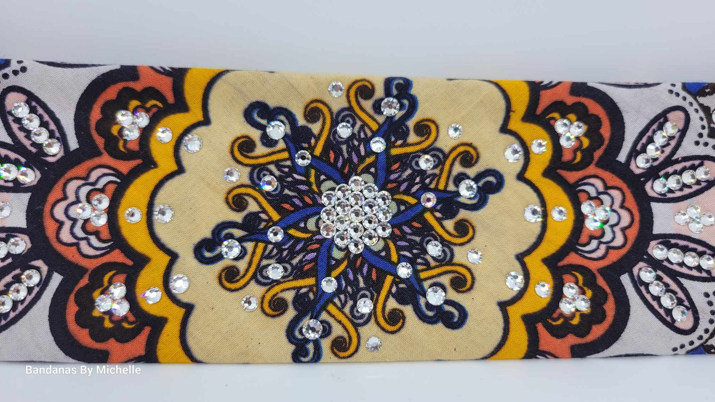 Narrow Brown and Orange Indian Bandana with Diamond Clear Austrian Crystals (Sku1437)