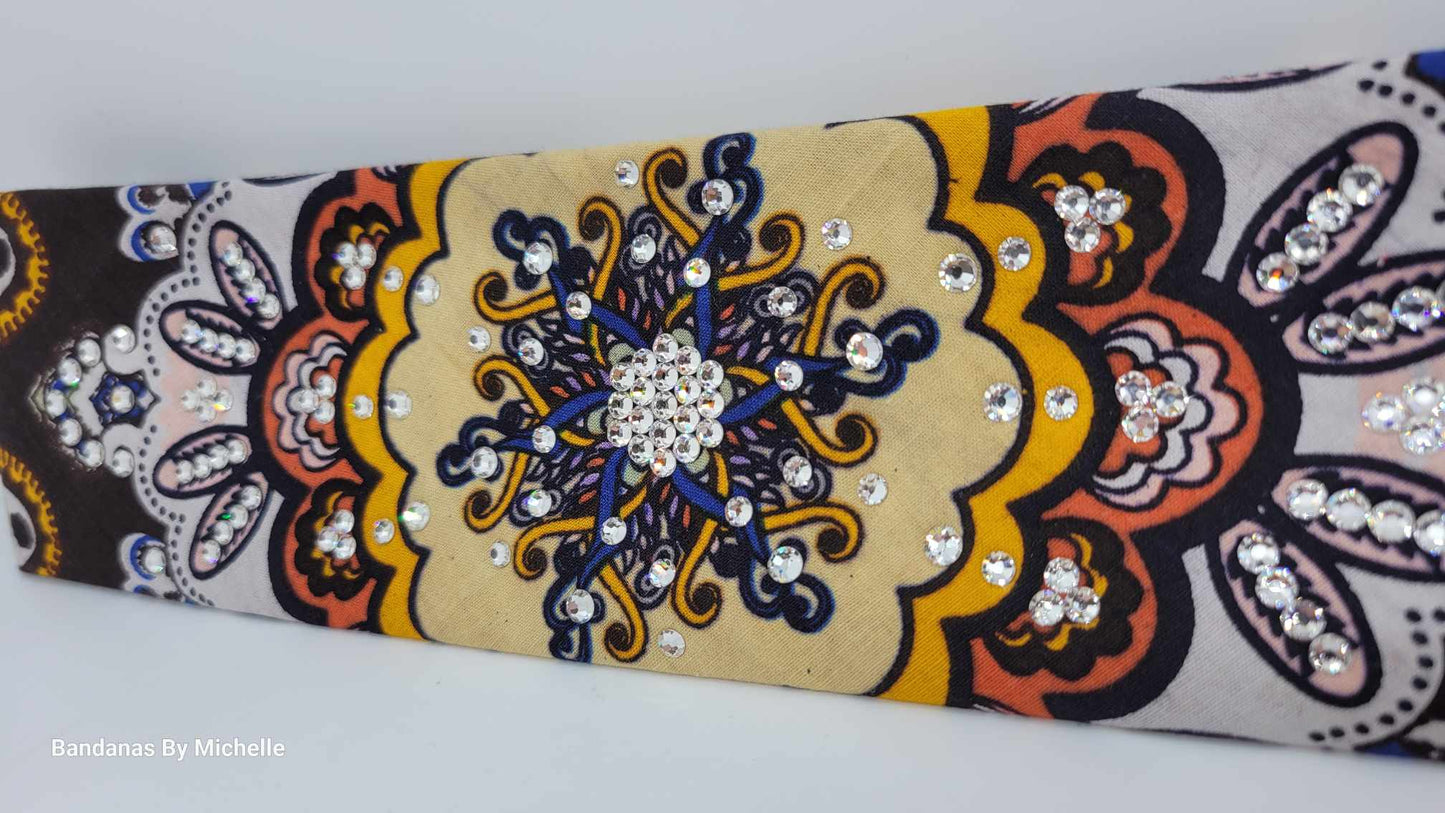 Narrow Brown and Orange Indian Bandana with Diamond Clear Austrian Crystals (Sku1437)