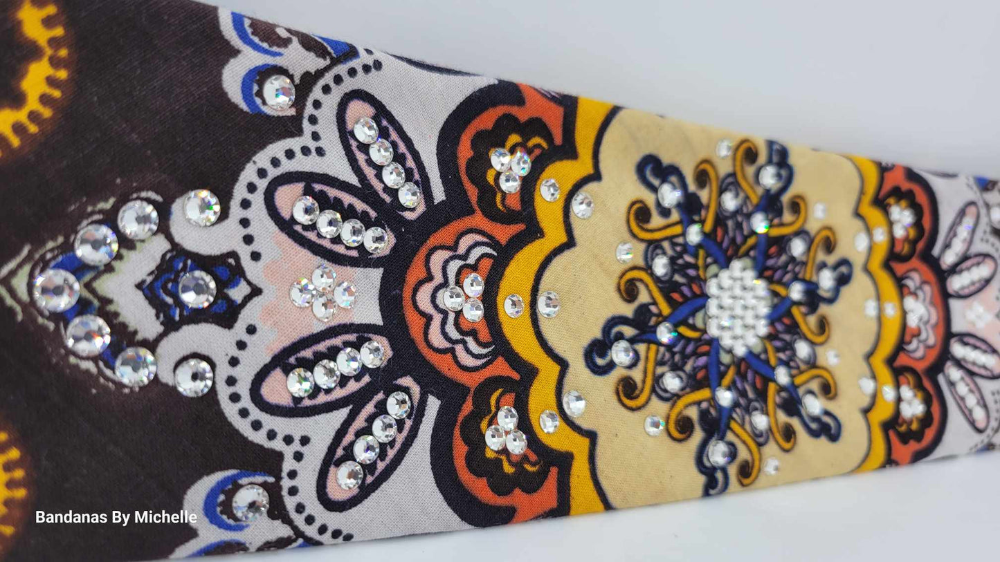 Narrow Brown and Orange Indian Bandana with Diamond Clear Austrian Crystals (Sku1437)