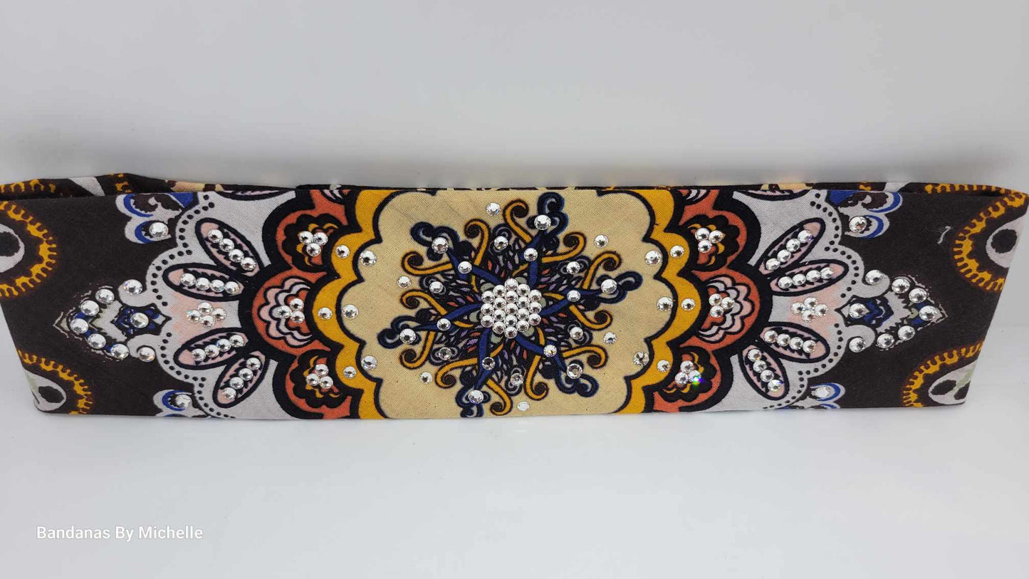 Narrow Brown and Orange Indian Bandana with Diamond Clear Austrian Crystals (Sku1437)