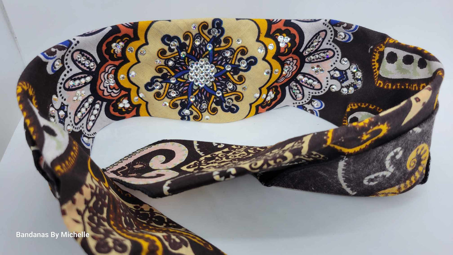 Narrow Brown and Orange Indian Bandana with Diamond Clear Austrian Crystals (Sku1437)