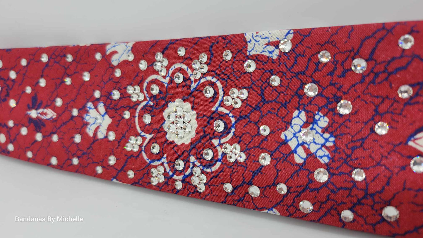 Narrow Red Crackle Bandana with Diamond Clear Austrian Crystals (Sku1440)