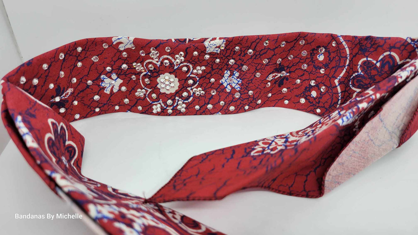 Narrow Red Crackle Bandana with Diamond Clear Austrian Crystals (Sku1440)
