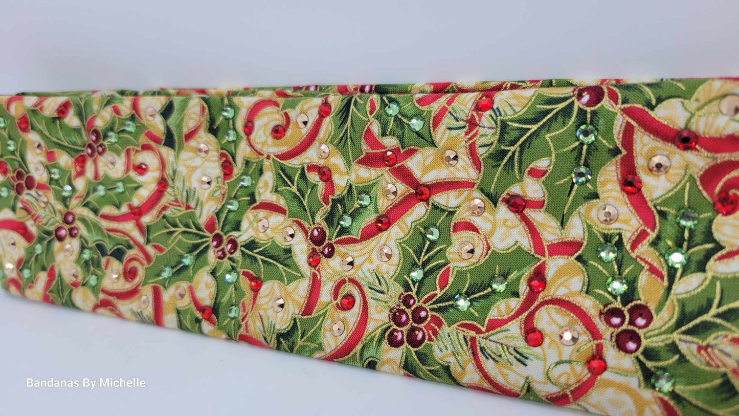Narrow Holly Bandana with Red, Light Green and Rose Gold Austrian Crystals (Sku1442)