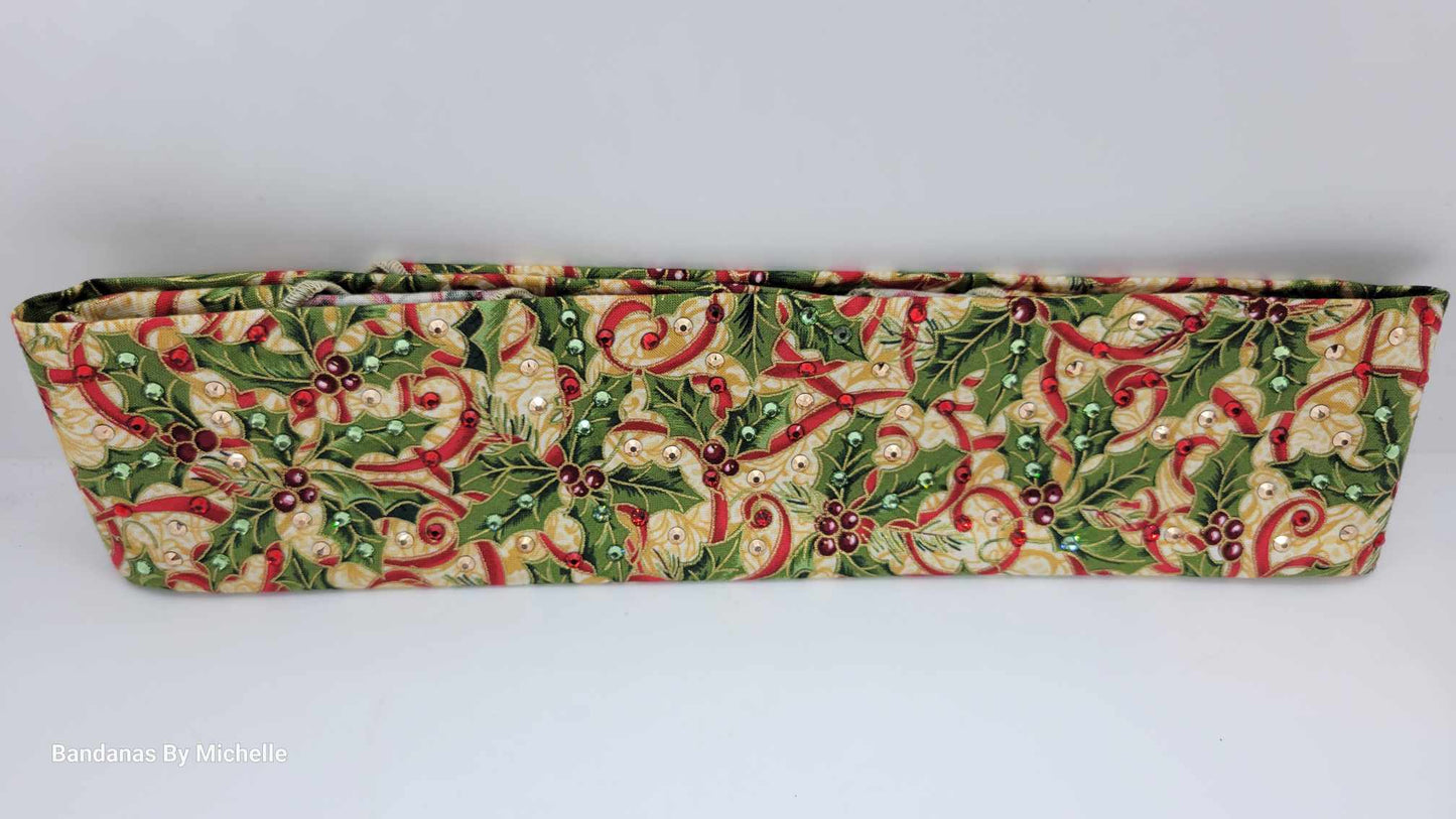 Narrow Holly Bandana with Red, Light Green and Rose Gold Austrian Crystals (Sku1442)