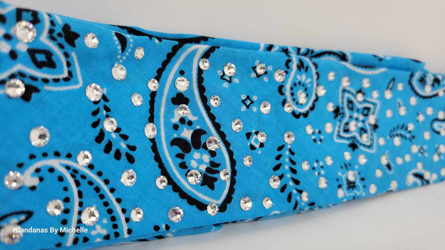 Narrow Baby Blue Scatter Paisley Bandana with Diamond Clear Austrian Crystals (Sku1456)