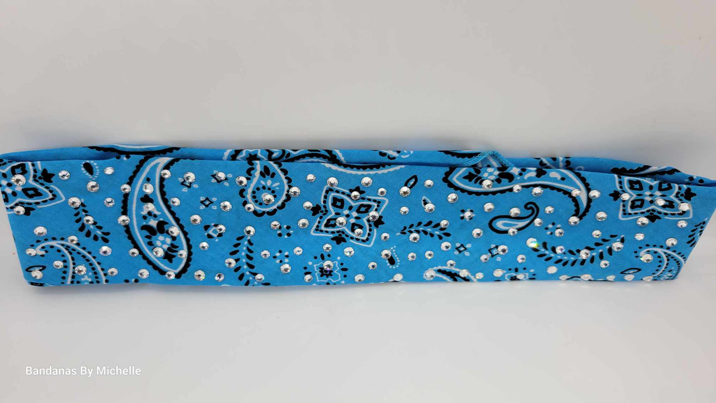 Narrow Baby Blue Scatter Paisley Bandana with Diamond Clear Austrian Crystals (Sku1456)