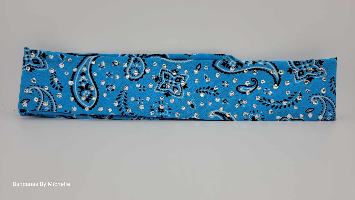 Narrow Baby Blue Scatter Paisley Bandana with Diamond Clear Austrian Crystals (Sku1456)