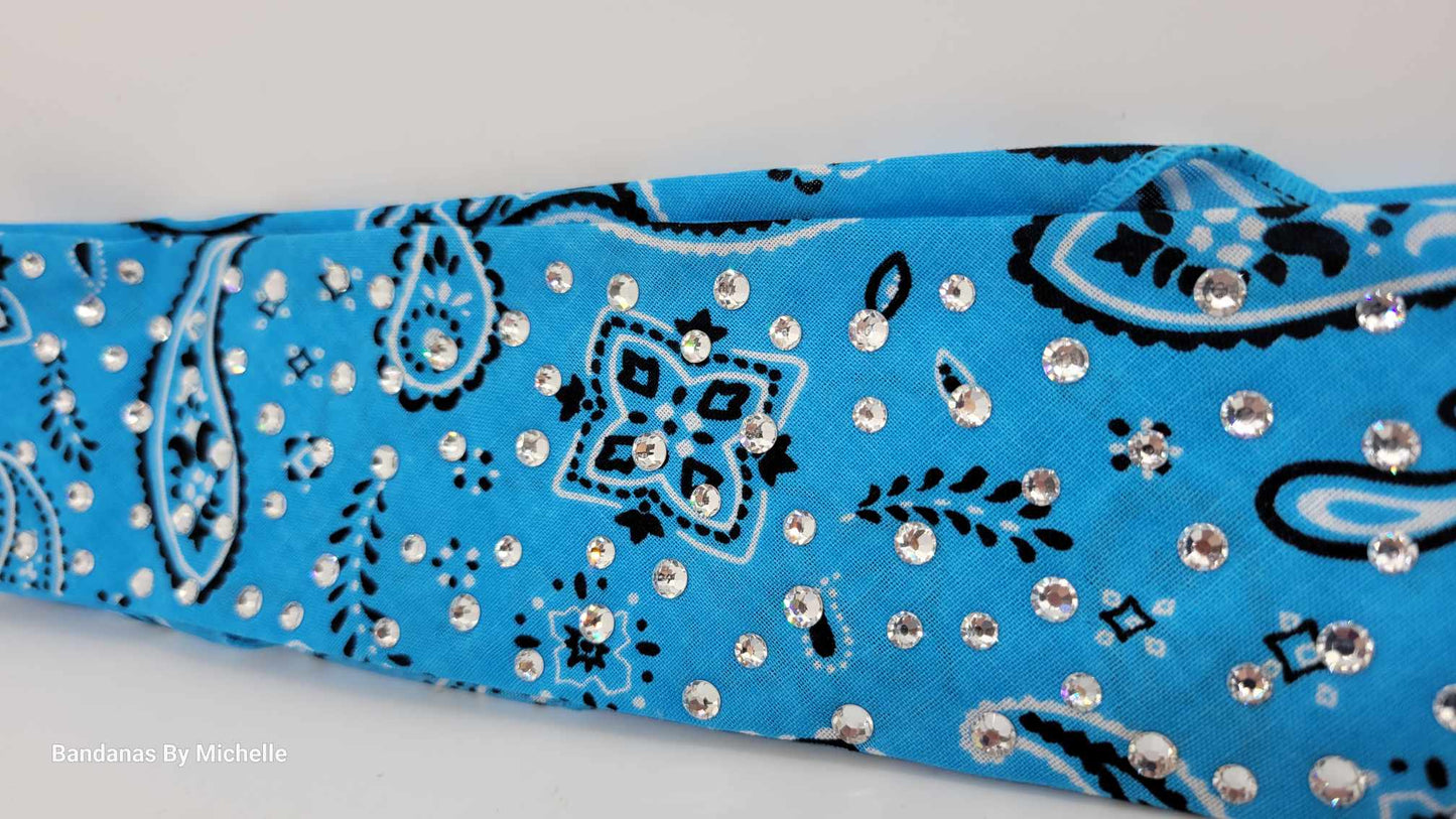 Narrow Baby Blue Scatter Paisley Bandana with Diamond Clear Austrian Crystals (Sku1456)