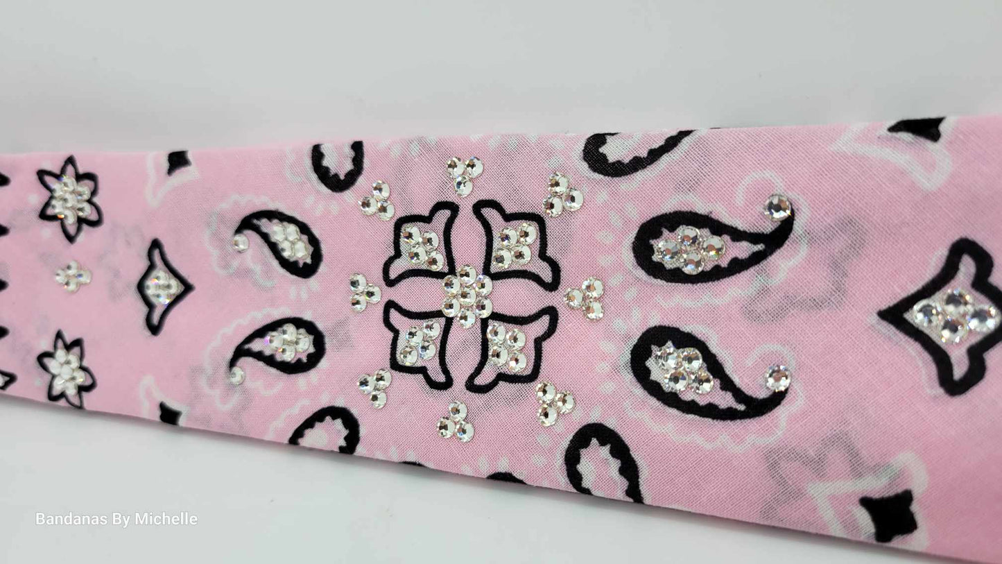 Narrow Light Pink Flower Paisley Bandana with Diamond Clear Austrian Crystals (Sku1457)