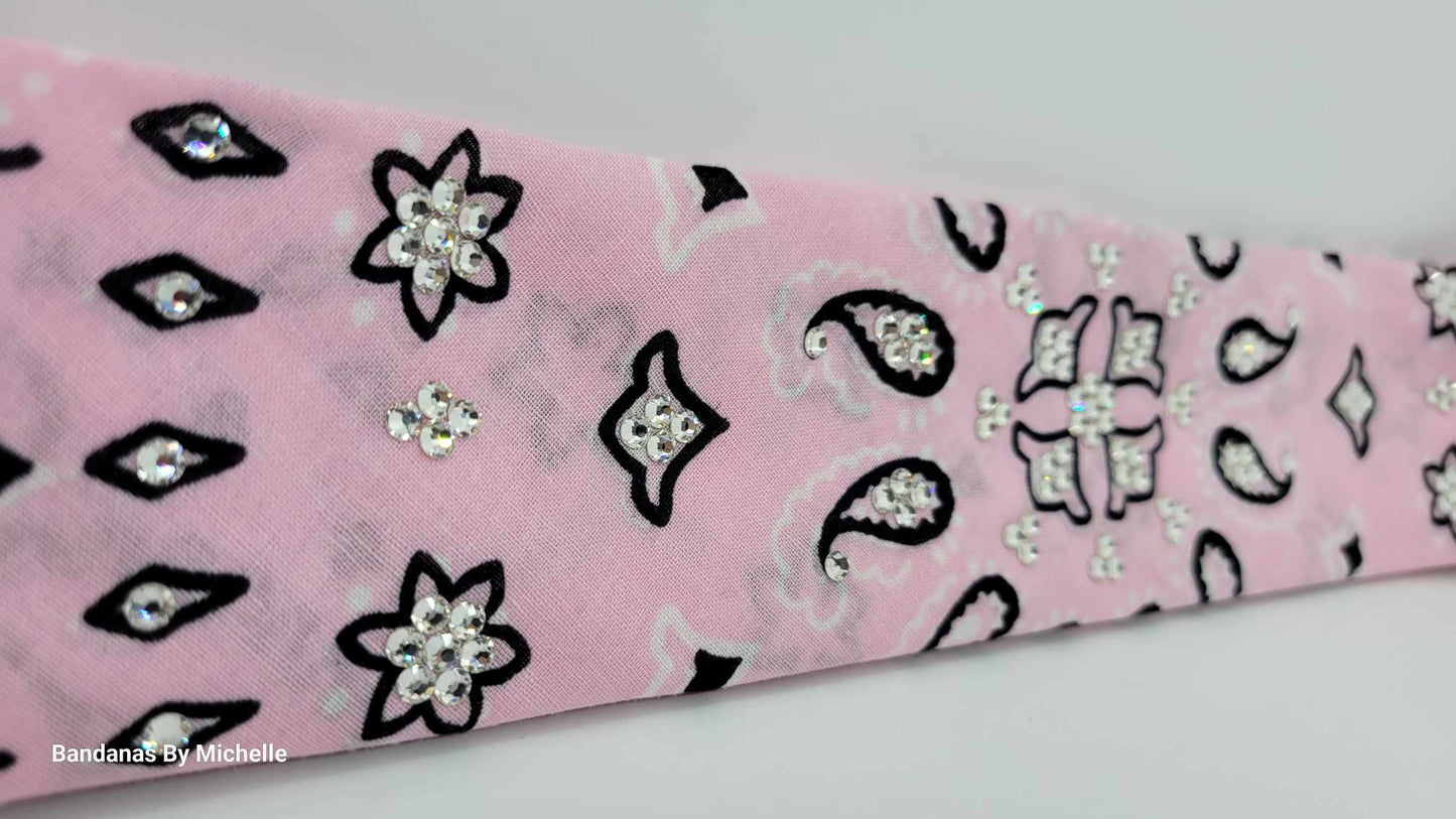 Narrow Light Pink Flower Paisley Bandana with Diamond Clear Austrian Crystals (Sku1457)