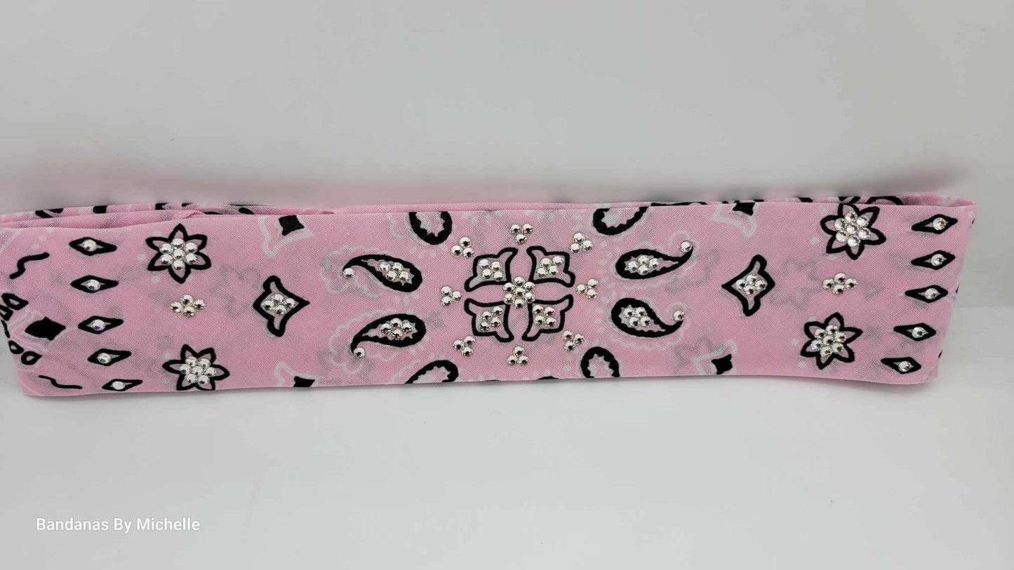 Narrow Light Pink Flower Paisley Bandana with Diamond Clear Austrian Crystals (Sku1457)