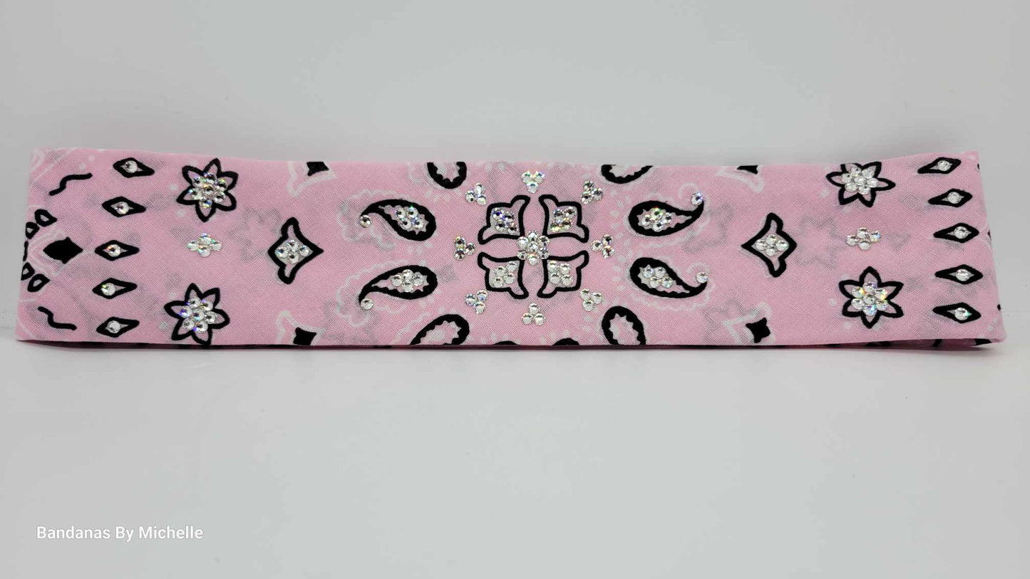 Narrow Light Pink Flower Paisley Bandana with Diamond Clear Austrian Crystals (Sku1457)