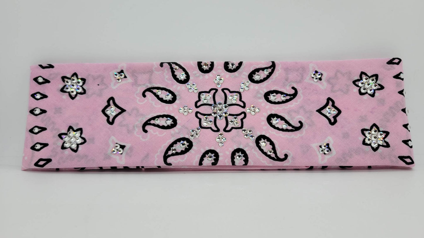 Light Pink Flower Paisley Bandana with Diamond Clear Austrian Crystals (Sku1458)