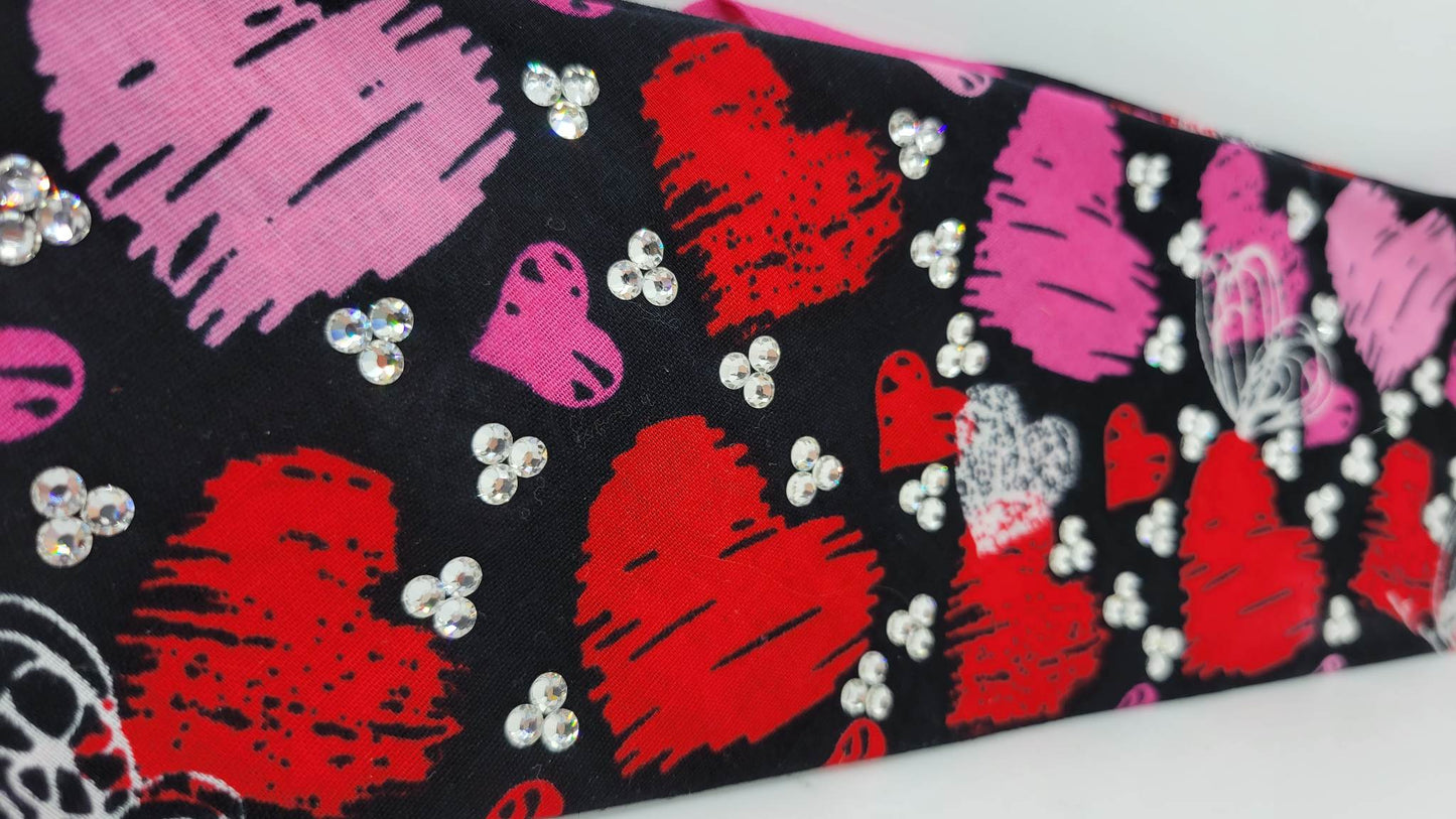 Hearts on Black with Diamond Clear Austrian Crystals (Sku1586)
