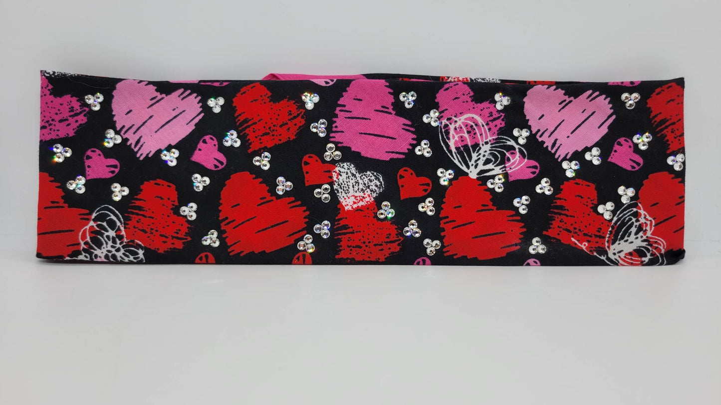 Hearts on Black with Diamond Clear Austrian Crystals (Sku1586)