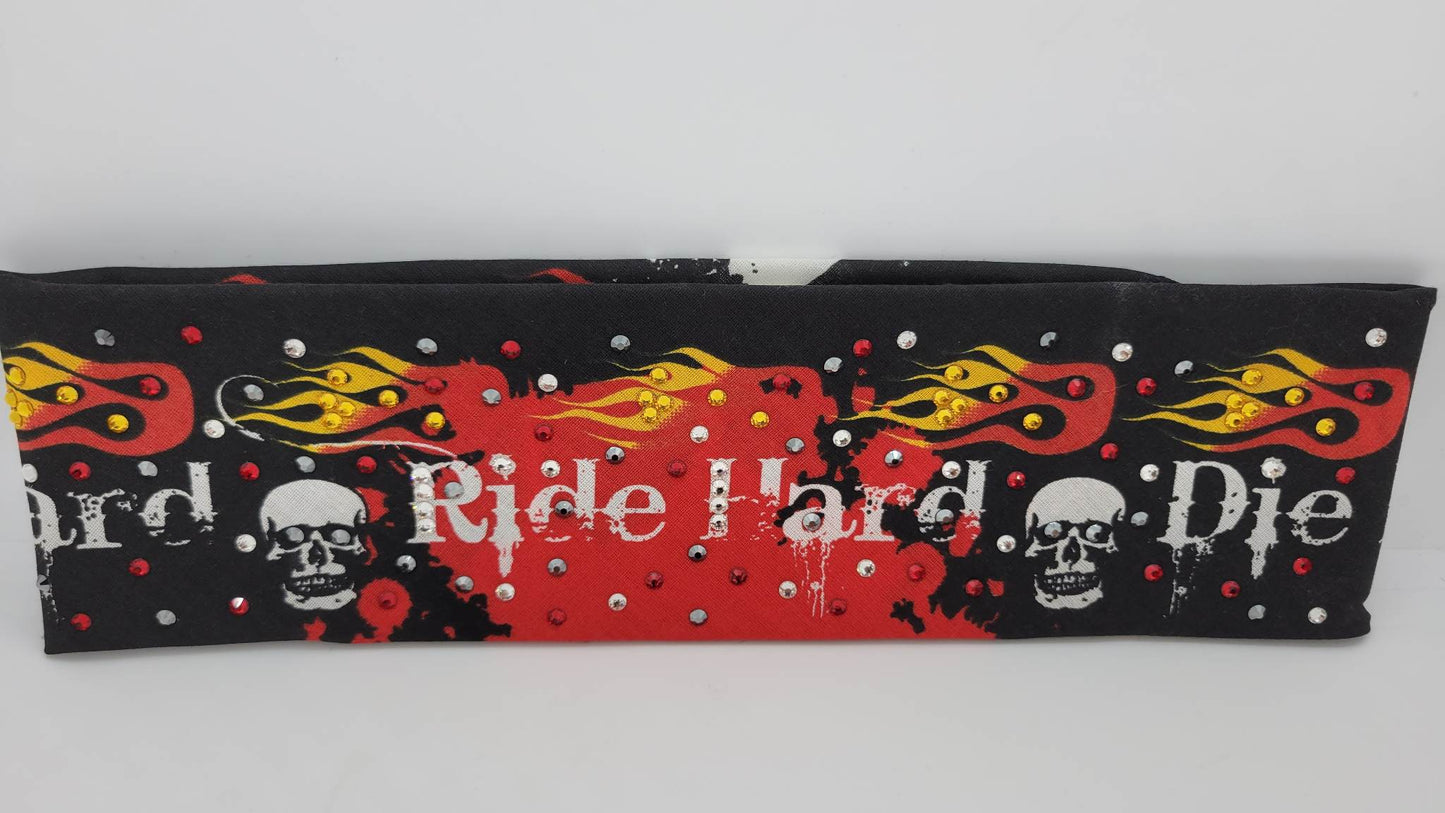 Ride Hard Bandana with Red, Black, Yellow and Diamond Clear Austrian Crystals (Sku1601)