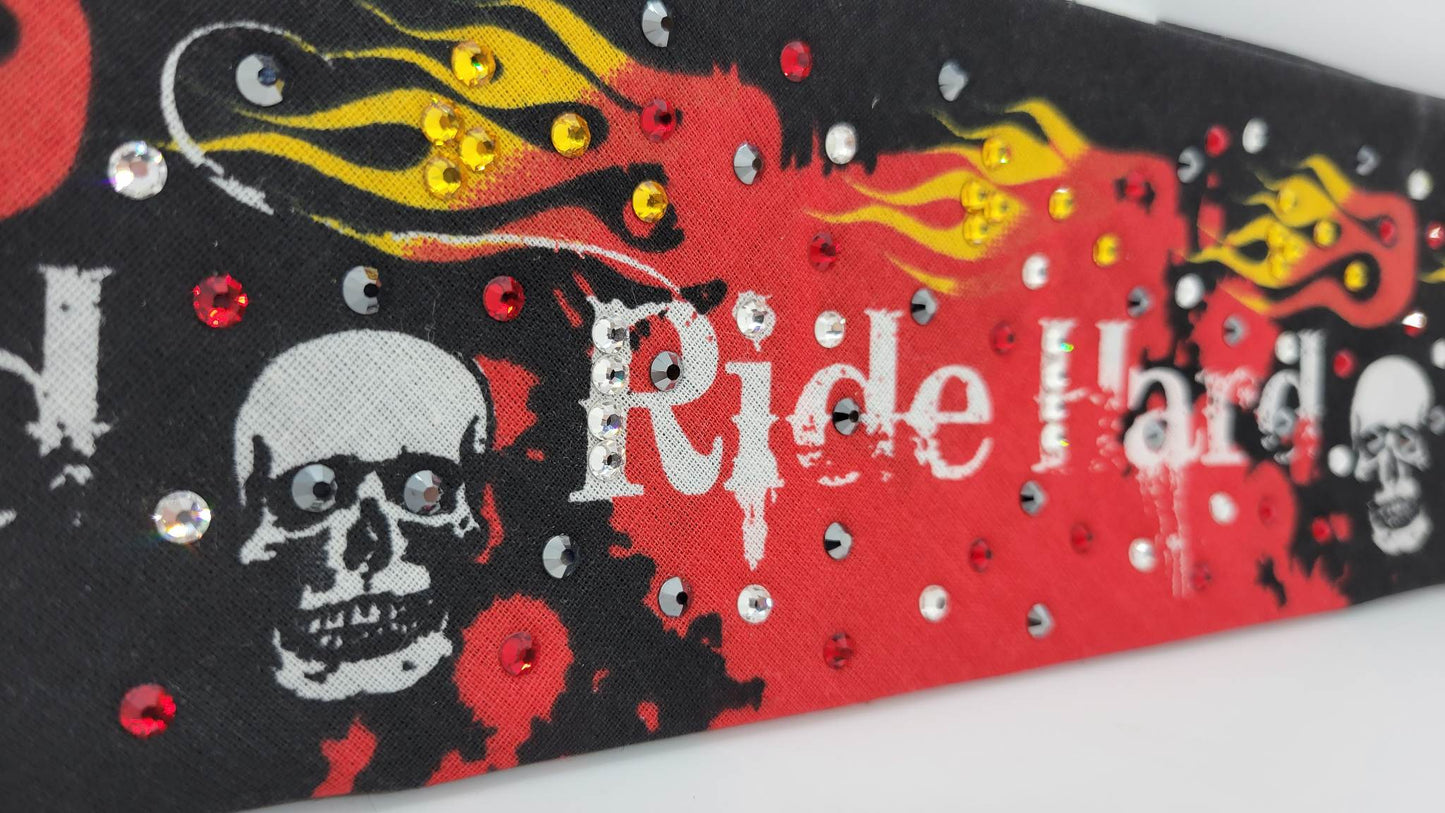 Ride Hard Bandana with Red, Black, Yellow and Diamond Clear Austrian Crystals (Sku1601)
