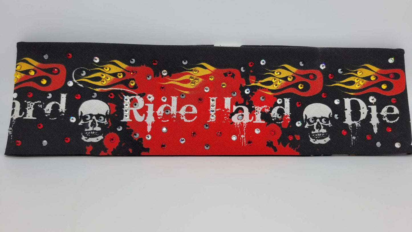 Ride Hard Bandana with Red, Black, Yellow and Diamond Clear Austrian Crystals (Sku1601)