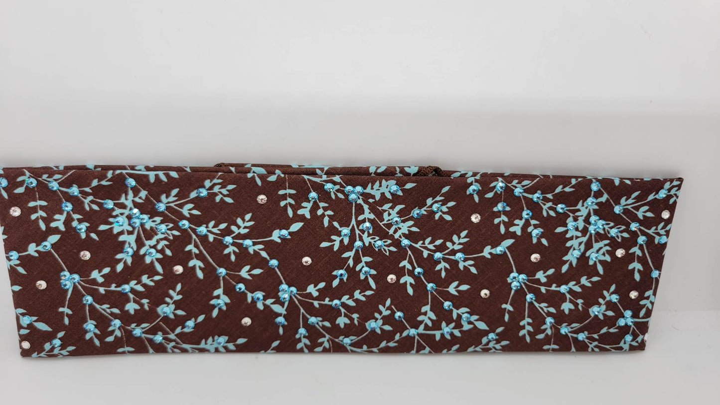 Light Blue Leaves on Brown Bandana with Light Blue and Diamond Clear Austrian Crystals (Sku1610)