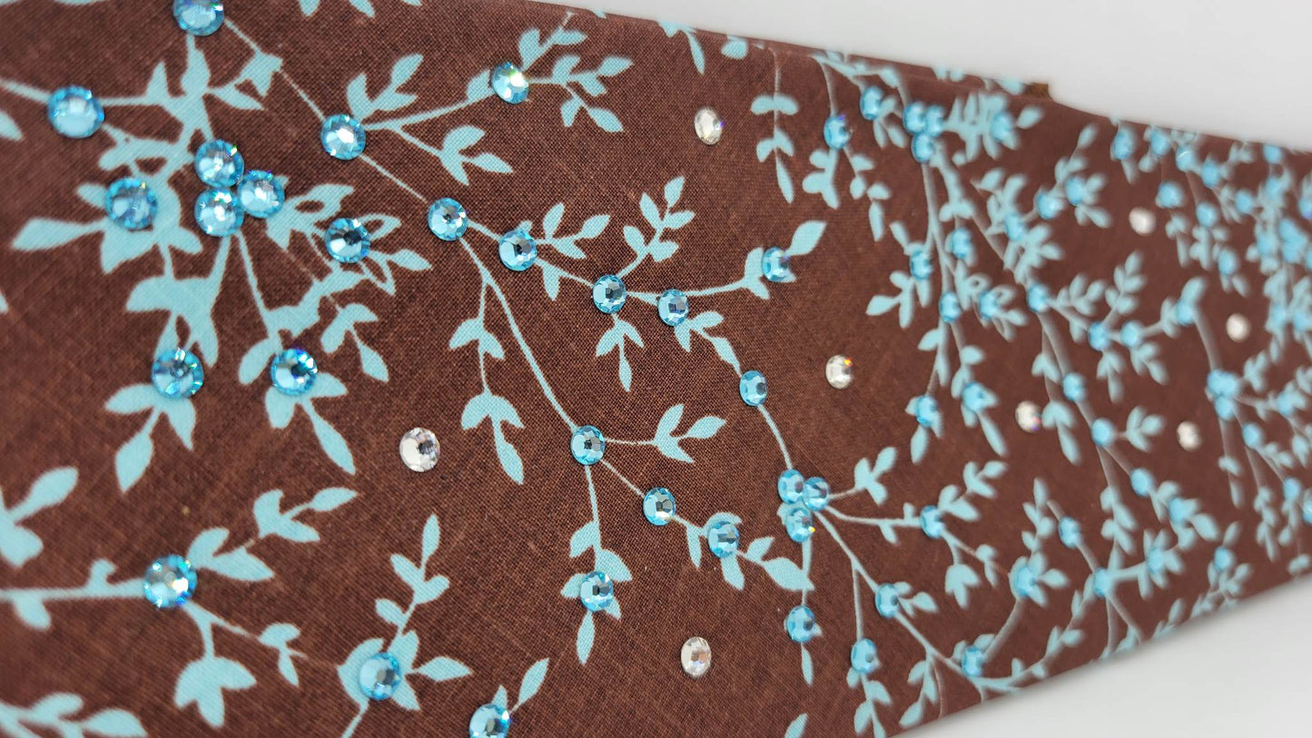 Light Blue Leaves on Brown Bandana with Light Blue and Diamond Clear Austrian Crystals (Sku1610)