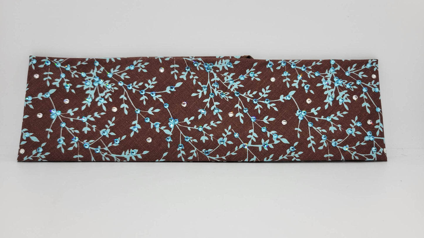 Light Blue Leaves on Brown Bandana with Light Blue and Diamond Clear Austrian Crystals (Sku1610)