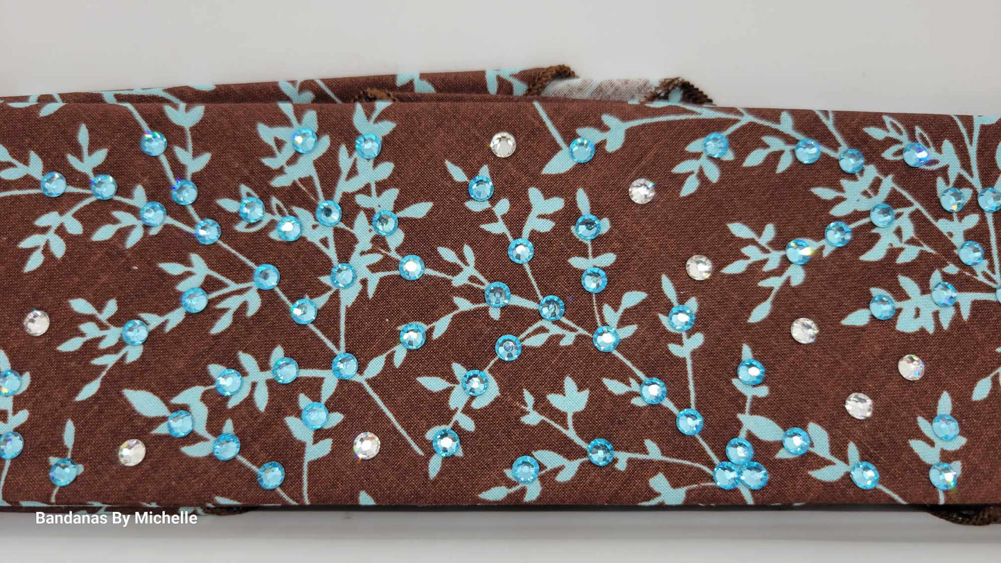 Narrow Blue Leaves on Brown Bandana with Light Blue and Diamond Clear Austrian Crystals (Sku1611)