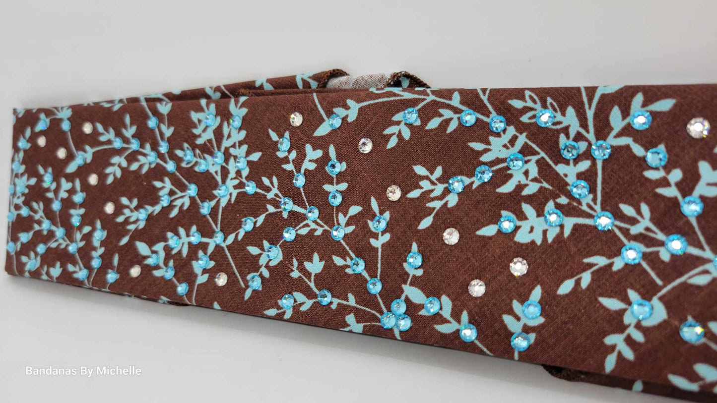 Narrow Blue Leaves on Brown Bandana with Light Blue and Diamond Clear Austrian Crystals (Sku1611)