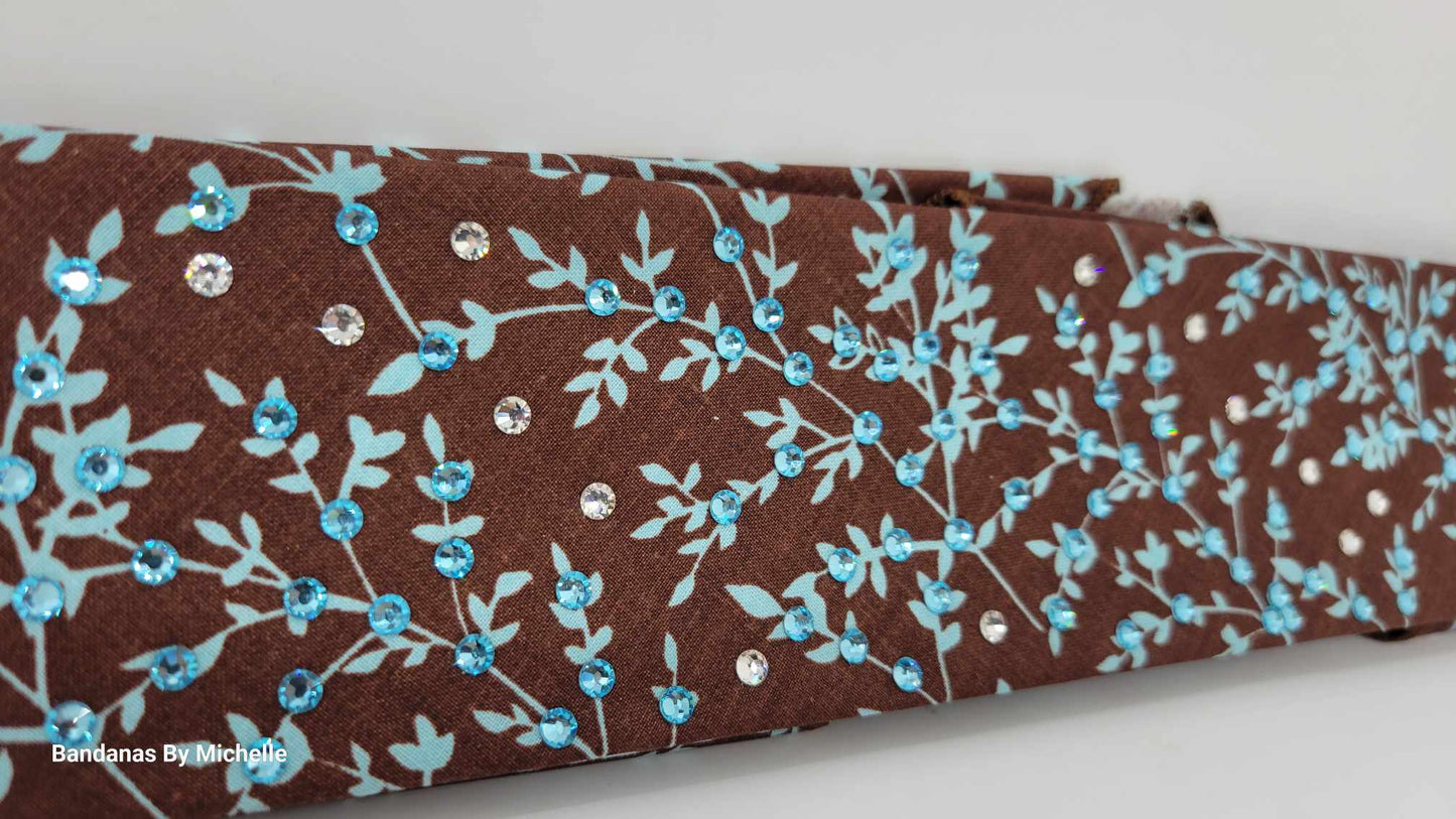 Narrow Blue Leaves on Brown Bandana with Light Blue and Diamond Clear Austrian Crystals (Sku1611)