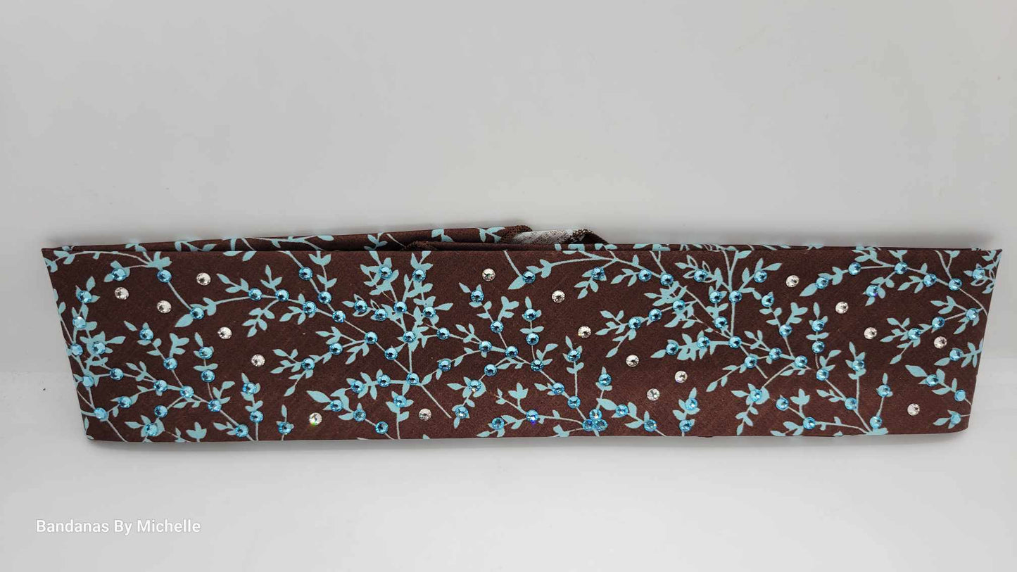 Narrow Blue Leaves on Brown Bandana with Light Blue and Diamond Clear Austrian Crystals (Sku1611)