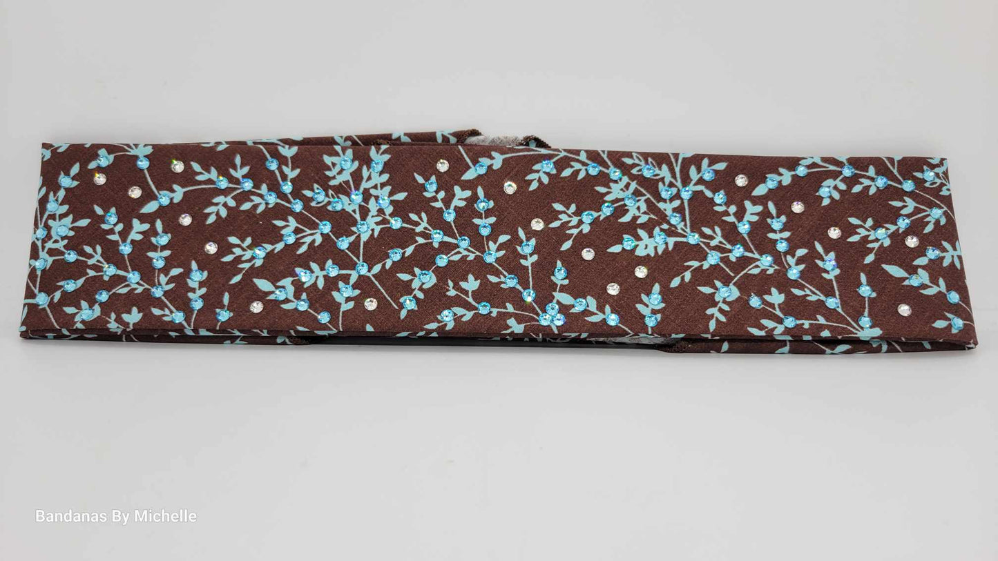 Narrow Blue Leaves on Brown Bandana with Light Blue and Diamond Clear Austrian Crystals (Sku1611)