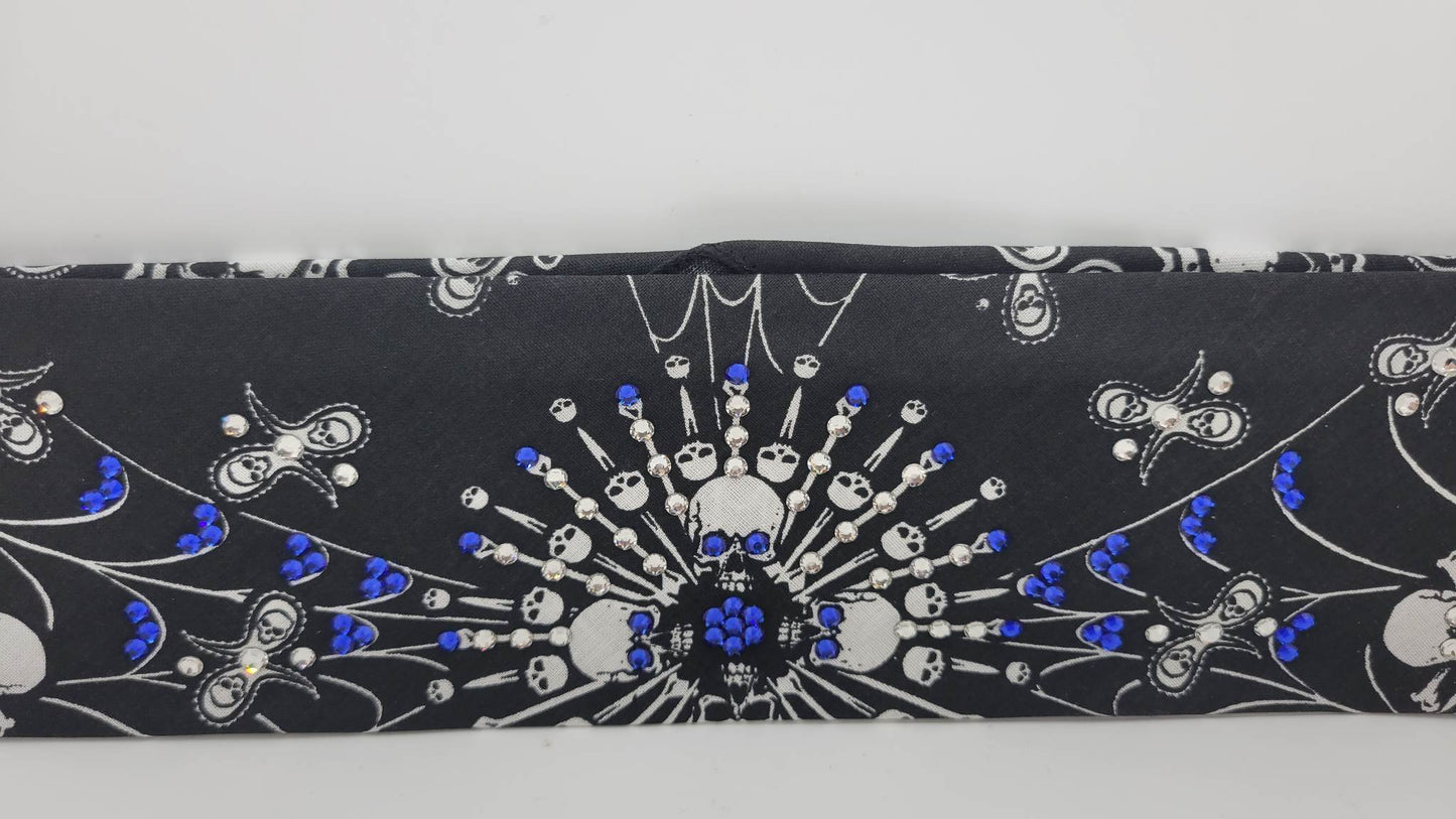 Spider Web Skull Bandana with Blue and Diamond Clear Austrian Crystals (Sku1650)