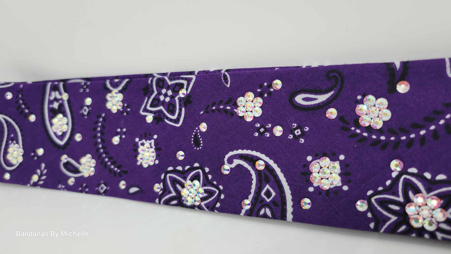 Narrow Purple Scatter Paisley Bandana with Aurora Borealis Austrian Crystals (Sku1686)