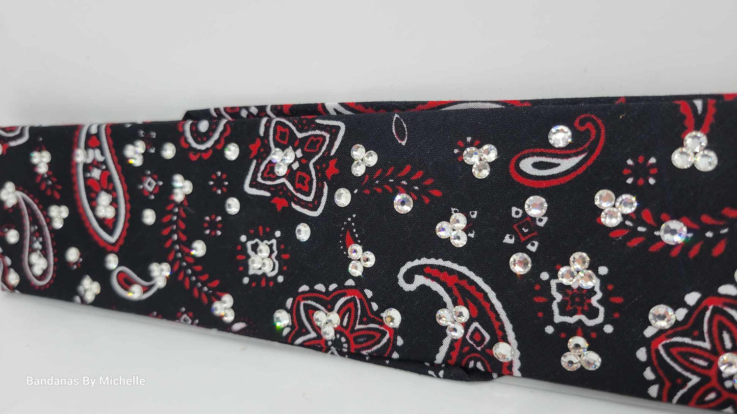 Narrow Black and Red Scatter Paisley Bandana with Diamond Clear Austrian Crystals (Sku1687)